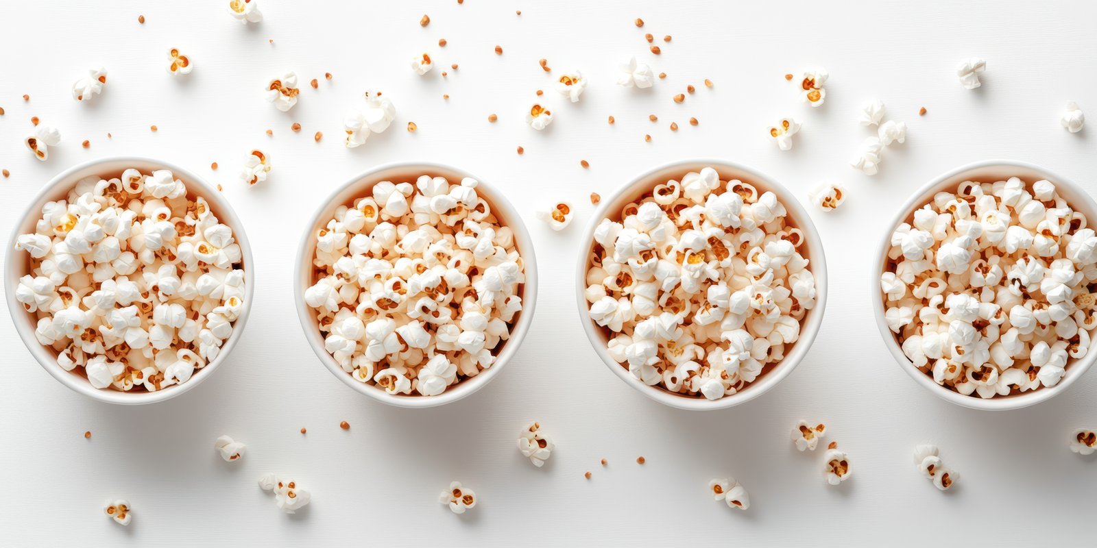 Four cups of freshly popped popcorn arranged on a white surface with scattered kernels around them
